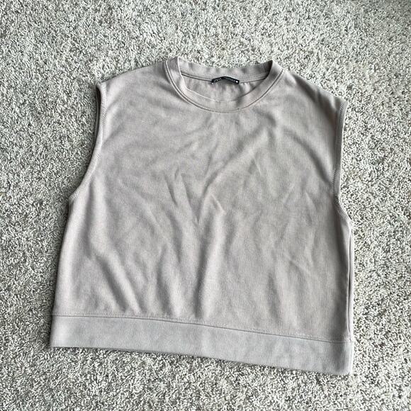 ZARA Cream / Tan Crewneck Crop Sleeveless Muscle Tee Size M - Picture 1 of 4